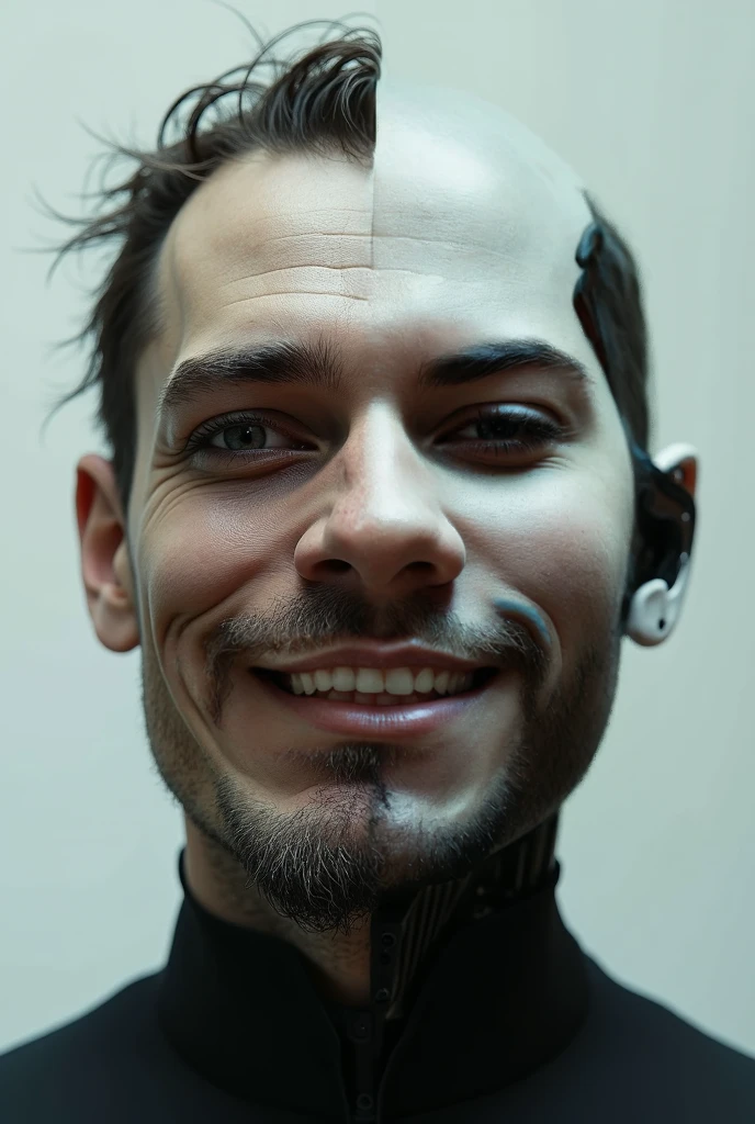  Front image of my face divided into 2 parts,  one half human and the other half robot ,  with a look and the macabre smile of a manipulator , maintaining the characteristics of a man 