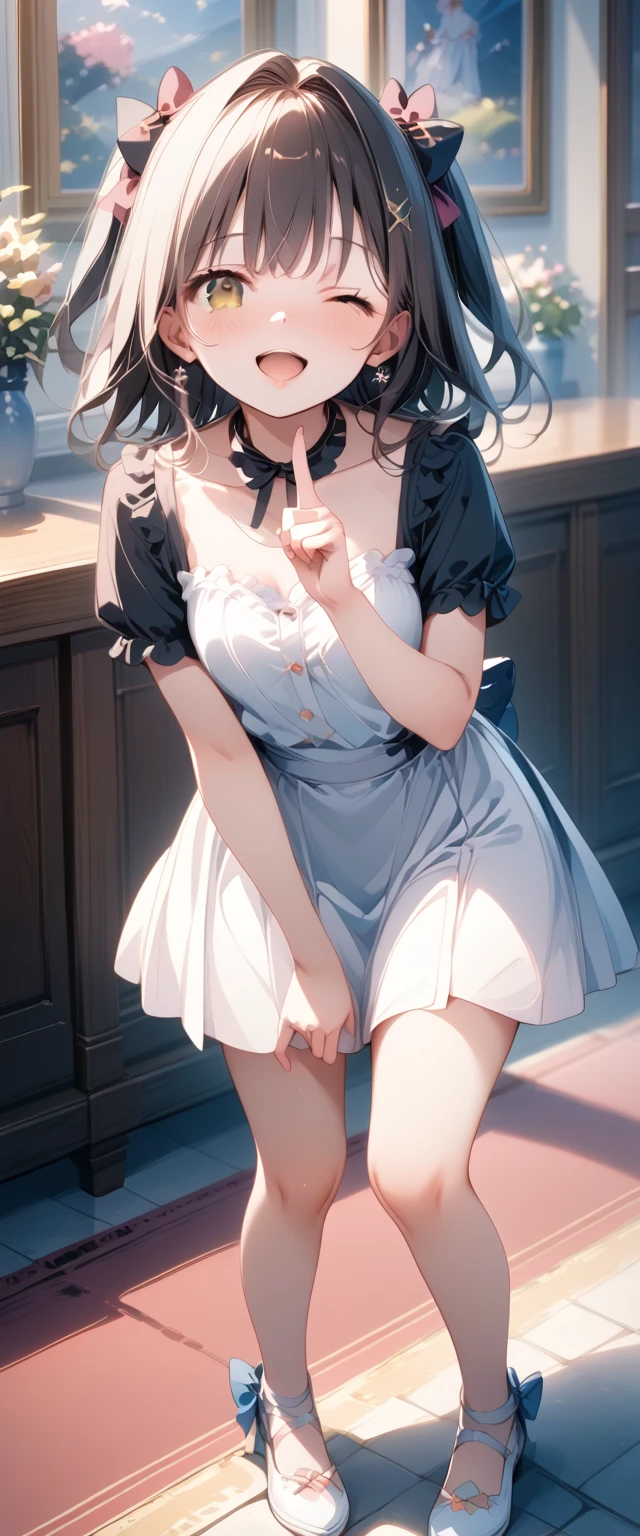 score_9, score_8_up, score_7_up, source_anime,((masterpiece、best quality,ultra-detailed,high resolutio,extremely detailed CG)), game cg,super fine illustration 、unity 8k wallpaper,,illustration,anime,JK, full body view、 standing、Inner thighs、jirai kei, black hair、one side up、 Brown Eyes 、one eye closed、wink, shy laugh 、 hair bow 、Black top、 neck strap 、White Skirt、Place index finger on lips、 angle from above、blush、bashful