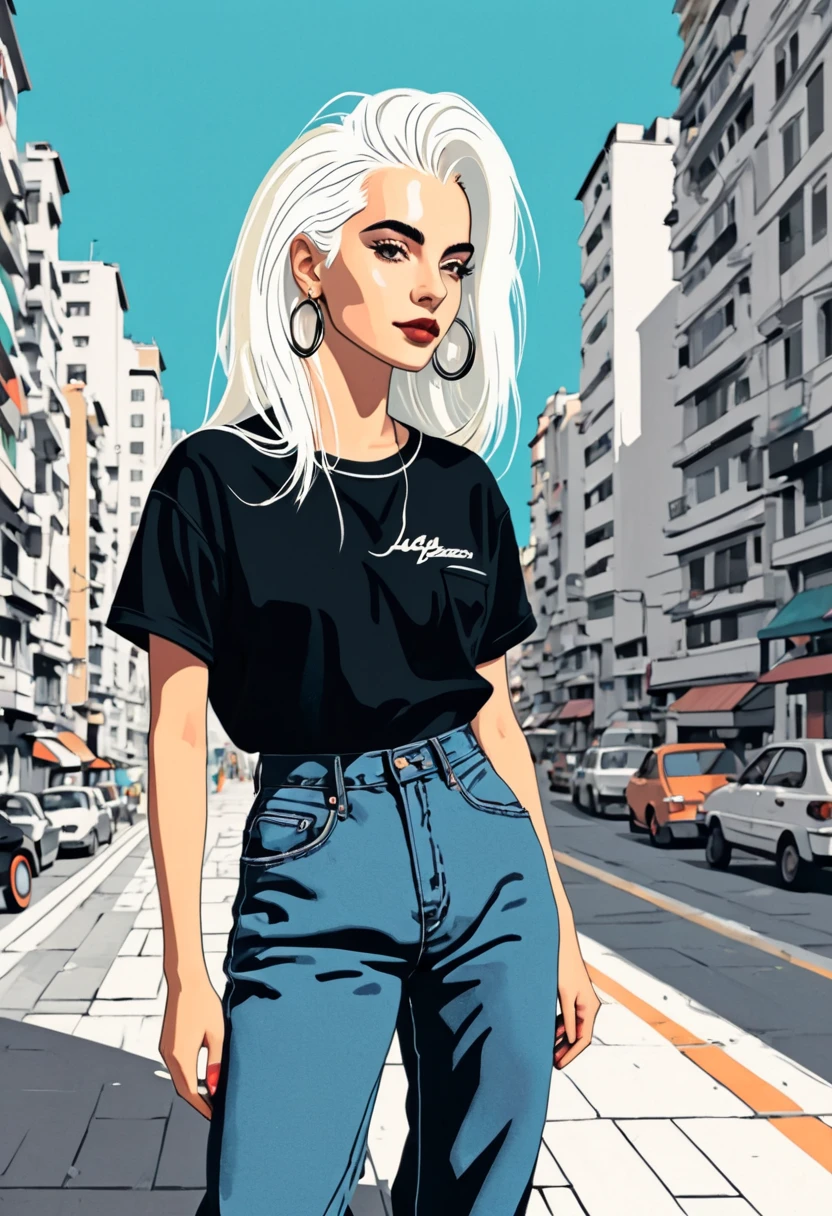 Women, 90s, retro, baggy jeans, black T-shirt, ( flat colors , Flat texture, linear drawing:1.2),  small breasts ,  long white hair  (white hair) silk hair . (background) city background, moto vespa.