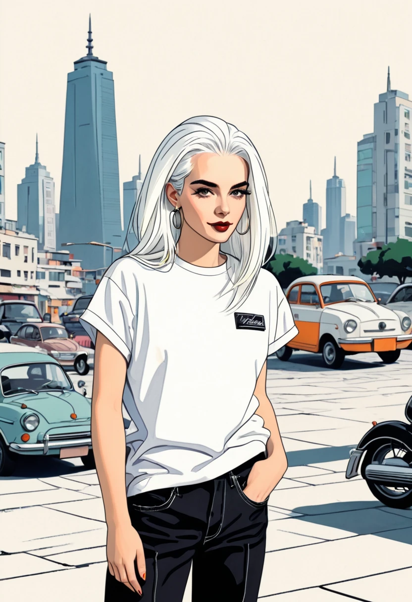 Women, 90s, retro, baggy jeans, black T-shirt, ( flat colors , Flat texture, linear drawing:1.2),  small breasts ,  long white hair  (white hair) silk hair . (background) city background, moto vespa.