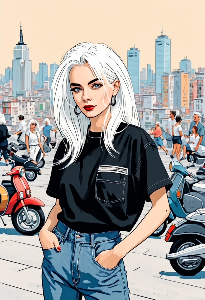 Women, 90s, retro, baggy jeans, black T-shirt, ( flat colors , Flat texture, linear drawing:1.2),  small breasts ,  long white hair  (white hair) silk hair . (background) city background, moto vespa.