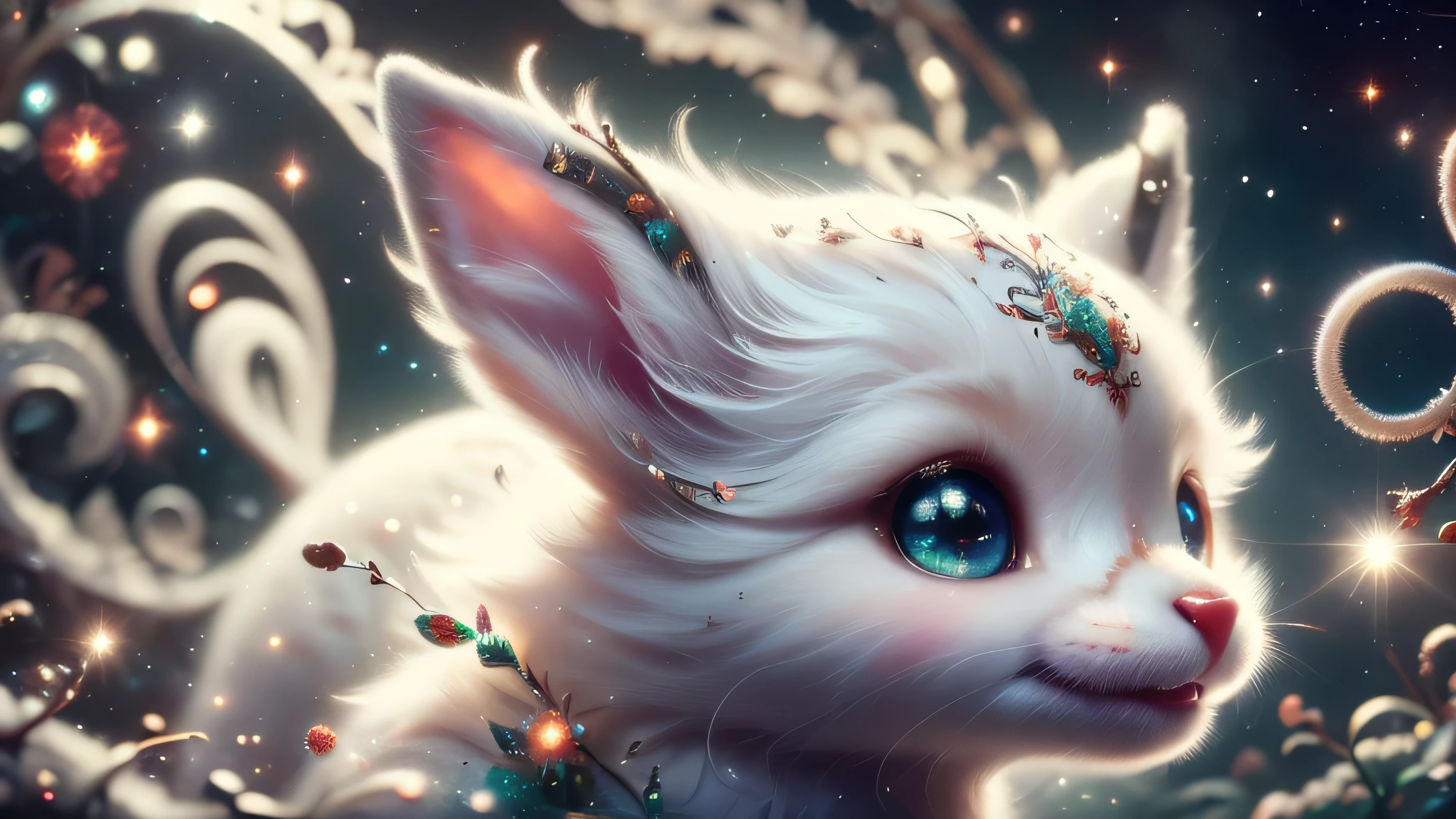 Magical Fantasy Creature, (Best Quality, Masterpiece, Representative Work, Official Art, Professional, Super Detailed, 8k:1.3), (Photorealism:1.2) Super Cute, Big Eyes, Soft, Soft Nose, Fluffy, Double-Toothed Smile, Aurorastyle, Highly detailed Dynamic shot of majestic adorable  reindeer, high quality, beautiful masterpiece, fantasy creature, kawaii, digital art, glowing sparkles, Realistic, Beautiful, Stars in Eyes, Soft Volumetric Light, (Backlight:1.3), (Cinematic:1.2), Intricate Details, (ArtStation:1.3), --auto --s2