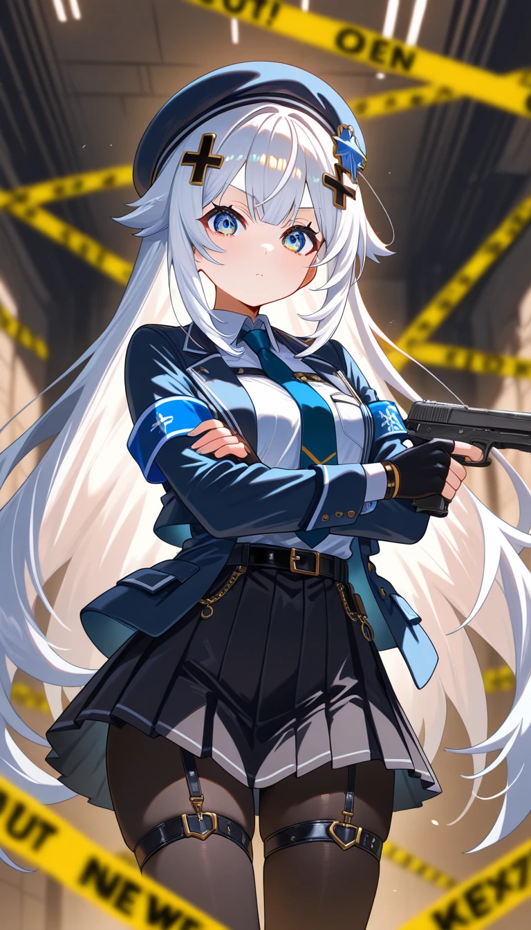 1girl, very long hair, white hair, big eyes, hair ornament, hair flag ornament, solo, cute, mini jacket, attractive pose, open jacket, breast, belt black skirt, pocket, tie, bow, button, fingerless gloves, garter strap, looking at viewer, armband, black pantyhose, beret hat, shirt partiallly tucked in, thigh strap, pleated skirt, dynamic pose, holding gun, dual welding,blurry background, bunker background, cross line, caution_tape ,crossed arm,[[artist:Hikaru:1.21],[dynamo7:0.71],[mika pikazo:0.21],[ilya kushinov:1.21],[noob9:0.41]],((Very awa, ultra detailed,8k,masterpiece, highres, absurdres, newes))