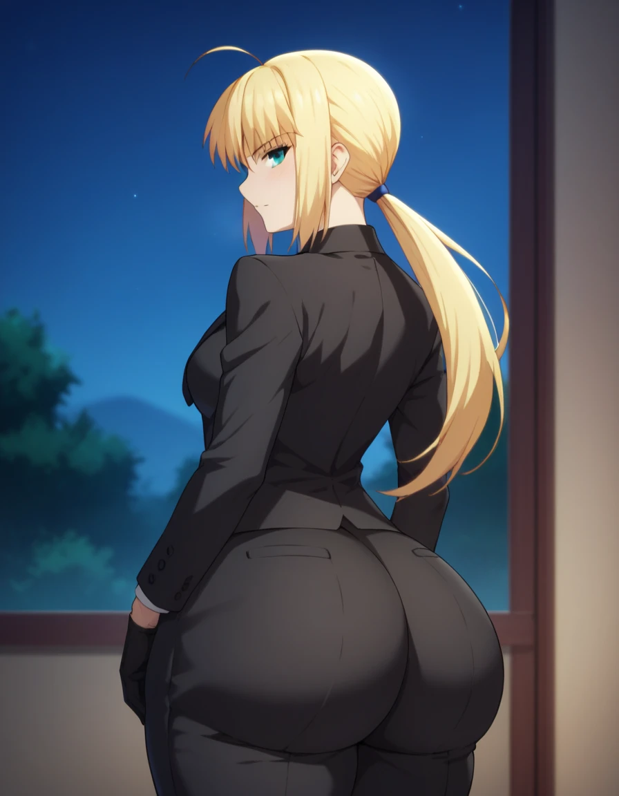 Highest quality, official style, very aesthetic, score_8_up, score_9_up, score_7_up, High Resolution, 1 girl, soro, artoria pendragon, artoria pendragon (fate), saber, long hair, blonde hair, green eyes, ponytail, ahoge, medium breasts, gloves, necktie, black gloves, pants, formal, suit, pant suit, blush, bedroom, embarrassed, night, bottomheavy, big ass, huge ass, gigantic ass, thick thighs, massive thighs, cowboy shot, from behind, high details, high quality, super detail, best quality. Too big ass, hyper ass, seductive, bedroom eyes,