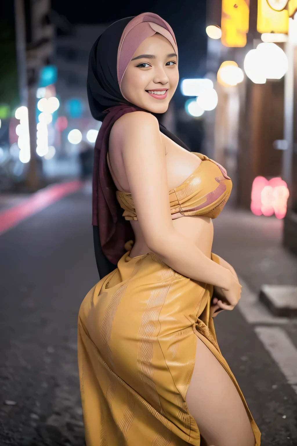 Cute Pakistani girl in hijab wearing patung dress with seducing pose, big smile, laughing, happy, big front teeth, bustling nighttime city, wearing hijab, bright golden color hijab, beauty skin, huge breast, nipple erected detailed, dark hairy pussy, thick thighs bright lighting, big round ass, cute face, slim abs, 35mm lens, Extreme close-up, pastel color grading, depth of field cinematography effect, romantic film genre, 8k resolution, high quality, ultra detail,
