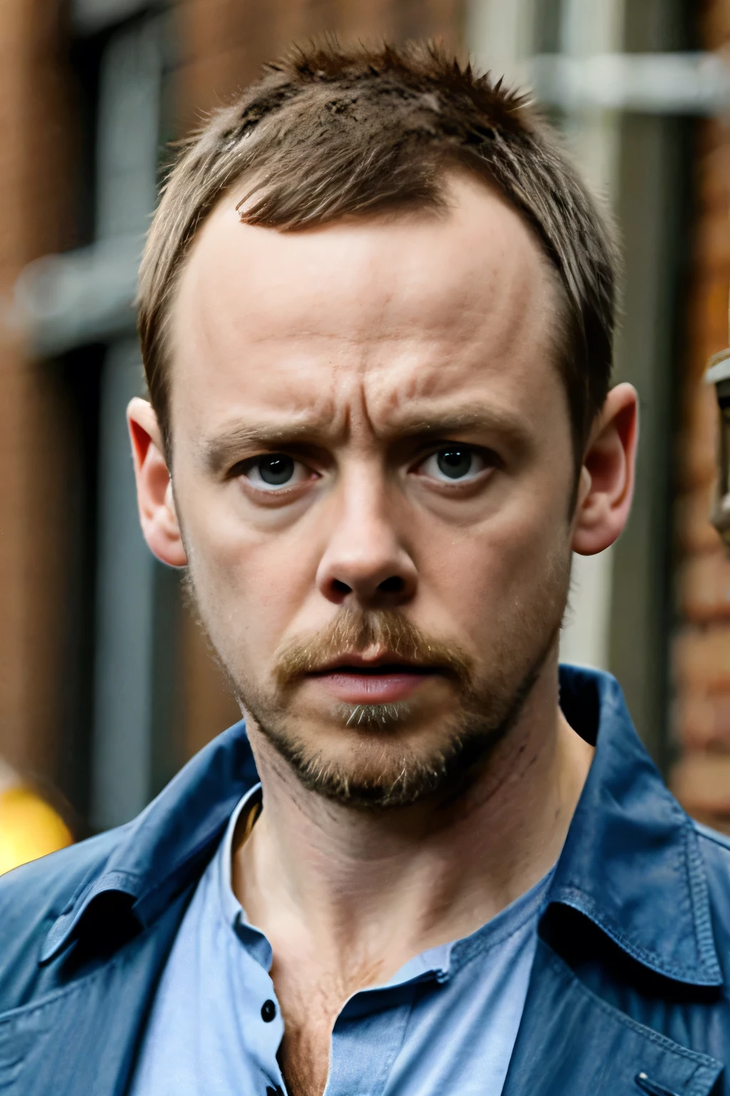 Simon Pegg looking tired and miserable. Highly detailed, HD, Masterpiece. Looking into the viewer.