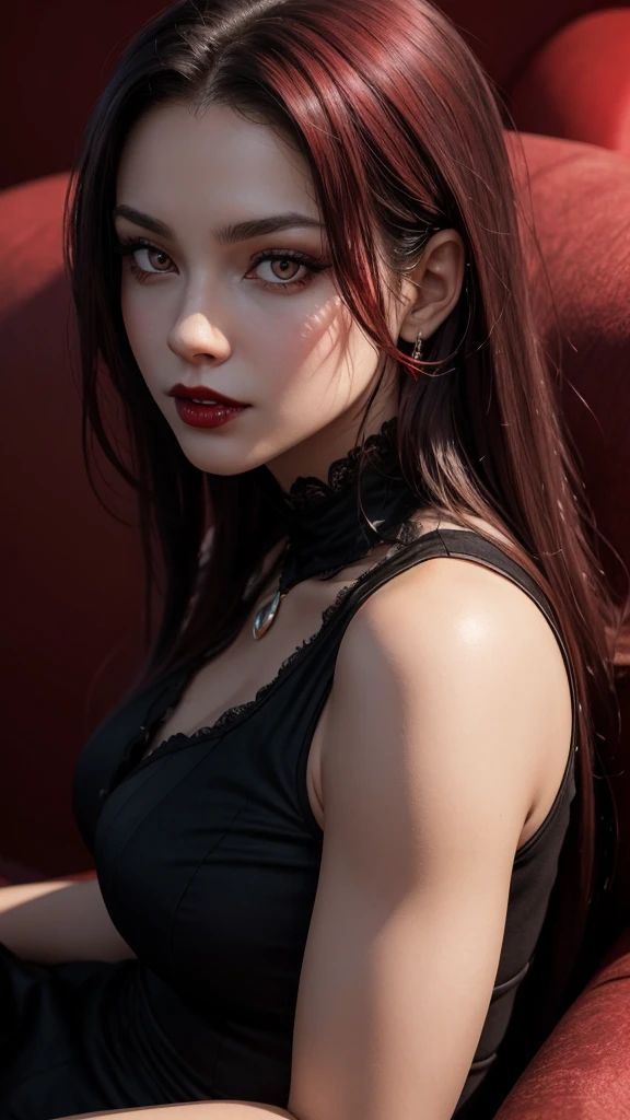 (((best quality))), (((masterpiece))), (detailed), (30 year woman) braid, long hair, ponytail, bloodshot eyes, red eyes, earrings, makeup, light smile, fangs, tongue out, ahegao, high detail, Gothic art, Hyperrealism, cinematic lighting, from behind, masterpiece, a(natomically correct), high details