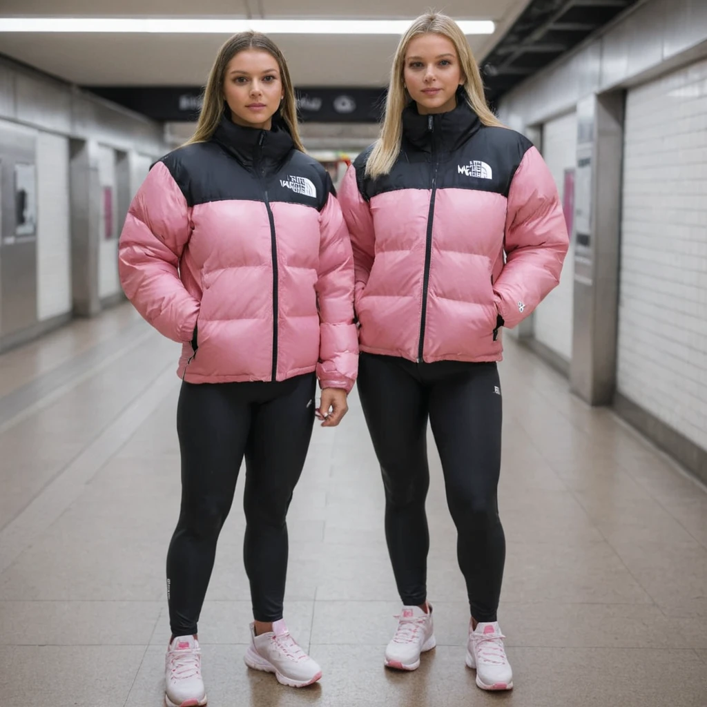 2 girls, Both s ,  one big the other small ,  both huge breasts ,  girl 1 wears pink TNF _nuptse-jacket,  girl 2 wears black TNF _nuptse-jacke,  both wear tight leggings ,  standing close to each other in subway station,  a girl has brown hair, The other blonde 