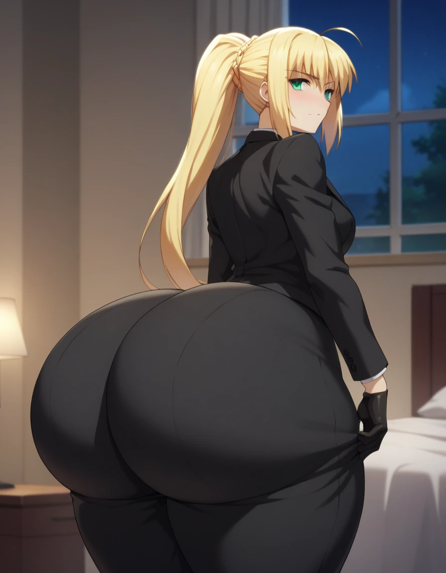 Highest quality, official style, very aesthetic, score_8_up, score_9_up, score_7_up, High Resolution, 1 girl, soro, artoria pendragon, artoria pendragon (fate), saber, long hair, blonde hair, green eyes, ponytail, ahoge, medium breasts, gloves, necktie, black gloves, pants, formal, suit, pant suit, blush, bedroom, embarrassed, night, bottomheavy, big ass, huge ass, gigantic ass, thick thighs, massive thighs, best quality. Too big ass, hyper ass, seductive, bedroom eyes, pull down suit, cowboy shot, from behind, high details, high quality, super detail