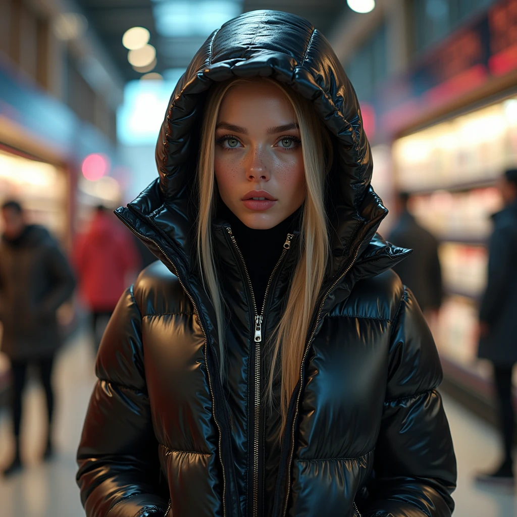 a slim ponytail 16 year old girl,beautiful detailed eyes,beautiful freckles,beautiful detailed lips,extremely detailed eyes and face,longeyelashes,in beautiful detailed hooded formfitting duvetica overfilled shiny super gleamy super thick glossy fully-unzipped puffer jacket covering her zipped super padded skisuit,latex stirrup legging,symmetrical,standing in a pufferstore,masterpiece,cinematic,lifelike,hyperrealistic,8k,photorealistic,highly detailed,intricate,exquisite,elegant,beautiful,stunning, head to toes photo
