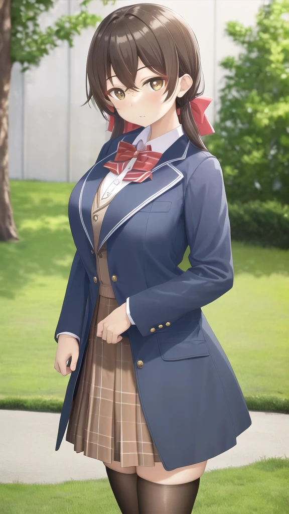 masterpiece, best quality, high quality, girl, solo, looking at viewer, mizuto_irido, brown eyes, brown hair, hair between eyes, large breasts, Red bow, striped bow, blazer, blue jacket, long sleeves, plaid skirt, brown skirt, black thighhighs, outdoors, cowboy shot, standing, looking at viewer,