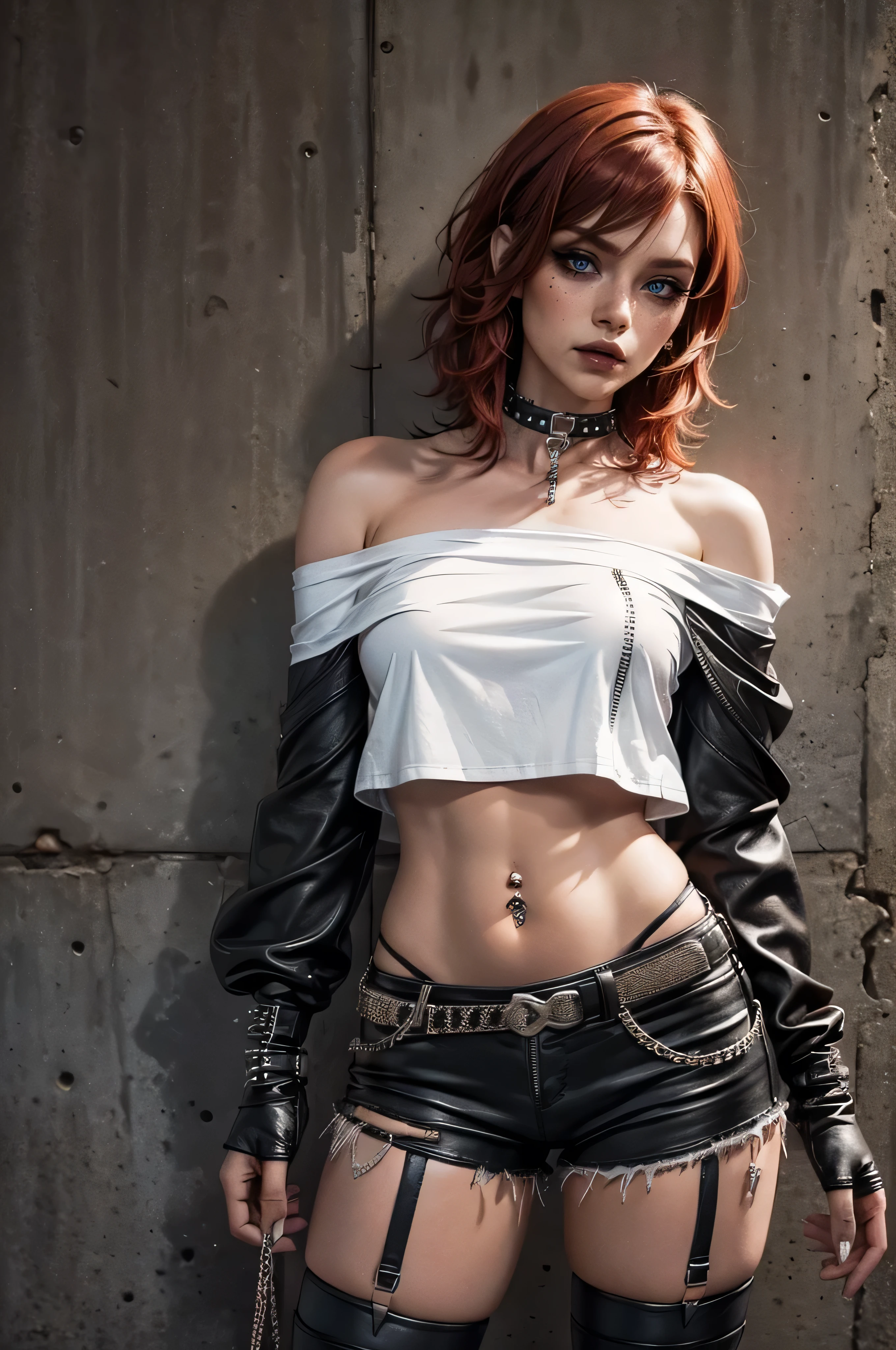 lora_Emma,a beautiful young woman with curly short red hair, freckles, attractive woman with punk outfit,(((off the shoulder white t-shirt))),ripped leather shorts,(multiple studded belts),(exposed thong straps), ((navel piercing)),((belly chain)), heavy dark makeup,intense eyeliner, dark eyeshadow, black lipstick, studded leather collar,(ripped nylon stockings),(studded leather boots with a high heel),((long leather arm sleeves with studs and zipper)),detailed face,detailed eyes and lips,realistic,photorealistic,high quality,8k,masterpiece,vivid colors,dramatic lighting,cinematic