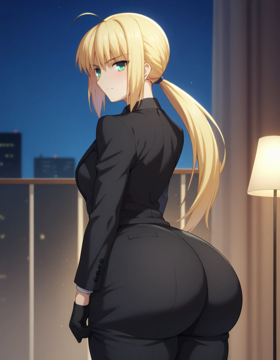 Highest quality, official style, very aesthetic, score_8_up, score_9_up, score_7_up, High Resolution, 1 girl, soro, artoria pendragon, artoria pendragon (fate), saber, long hair, blonde hair, green eyes, ponytail, ahoge, medium breasts, gloves, necktie, black gloves, pants, formal, suit, pant suit, blush, bedroom, embarrassed, night, bottomheavy, big ass, huge ass, gigantic ass, thick thighs, massive thighs, best quality. Too big ass, hyper ass, seductive, bedroom eyes, pull down pant suit, cowboy shot, from behind, high details, high quality, super detail