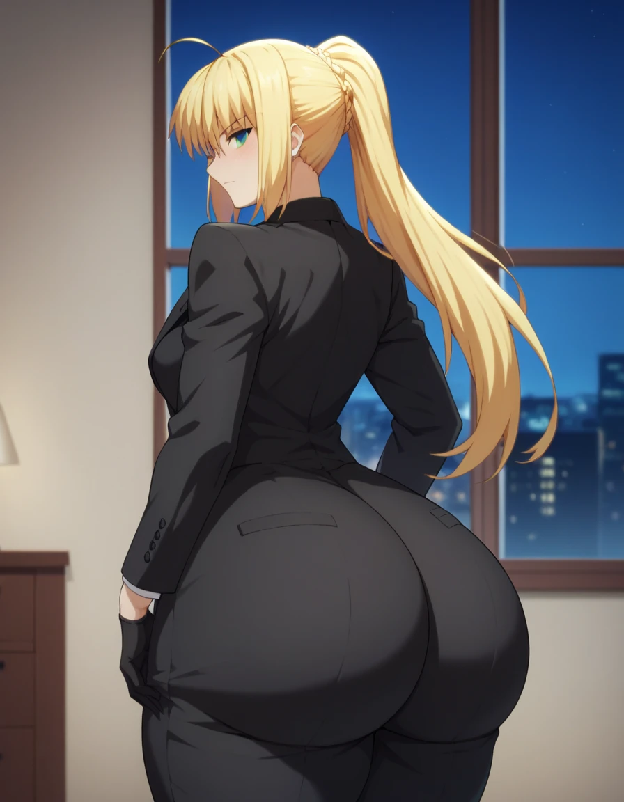 Highest quality, official style, very aesthetic, score_8_up, score_9_up, score_7_up, High Resolution, 1 girl, soro, artoria pendragon, artoria pendragon (fate), saber, long hair, blonde hair, green eyes, ponytail, ahoge, medium breasts, gloves, necktie, black gloves, pants, formal, suit, pant suit, blush, bedroom, embarrassed, night, bottomheavy, big ass, huge ass, gigantic ass, thick thighs, massive thighs, best quality. Too big ass, hyper ass, seductive, bedroom eyes, pull down pant suit, cowboy shot, from behind, high details, high quality, super detail