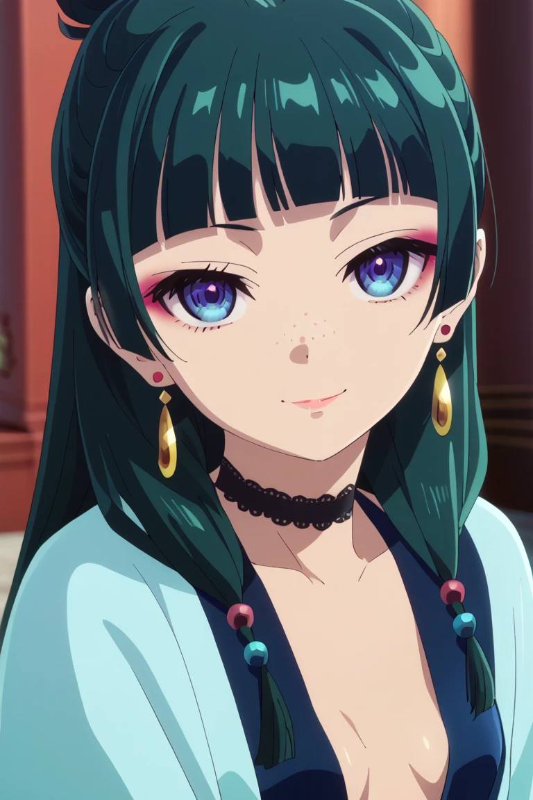 1girl, maomao, solo, green hair, long hair, blue eyes, BREAK blunt bangs, earrings, jewelry, freckles, straight hair, hair over shoulder, hair beads,  makeup, pink eyeliner, low twintails,, small breasts, pale skinned,    dynamic angle, takeda hiromitsu style,    dark blue evening dress with plunging neckline, golden earrings, golden rings, black choker with shining rhinestones, sideboobs, looking at viewer, soft smile, lovly smile, close up, petite