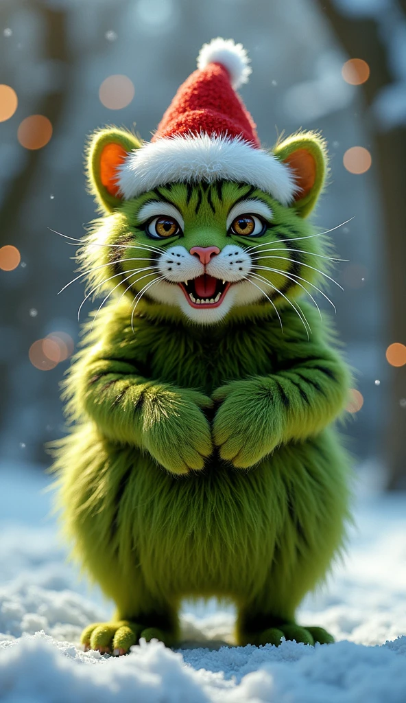 A mini tiger dressed as a Grinch