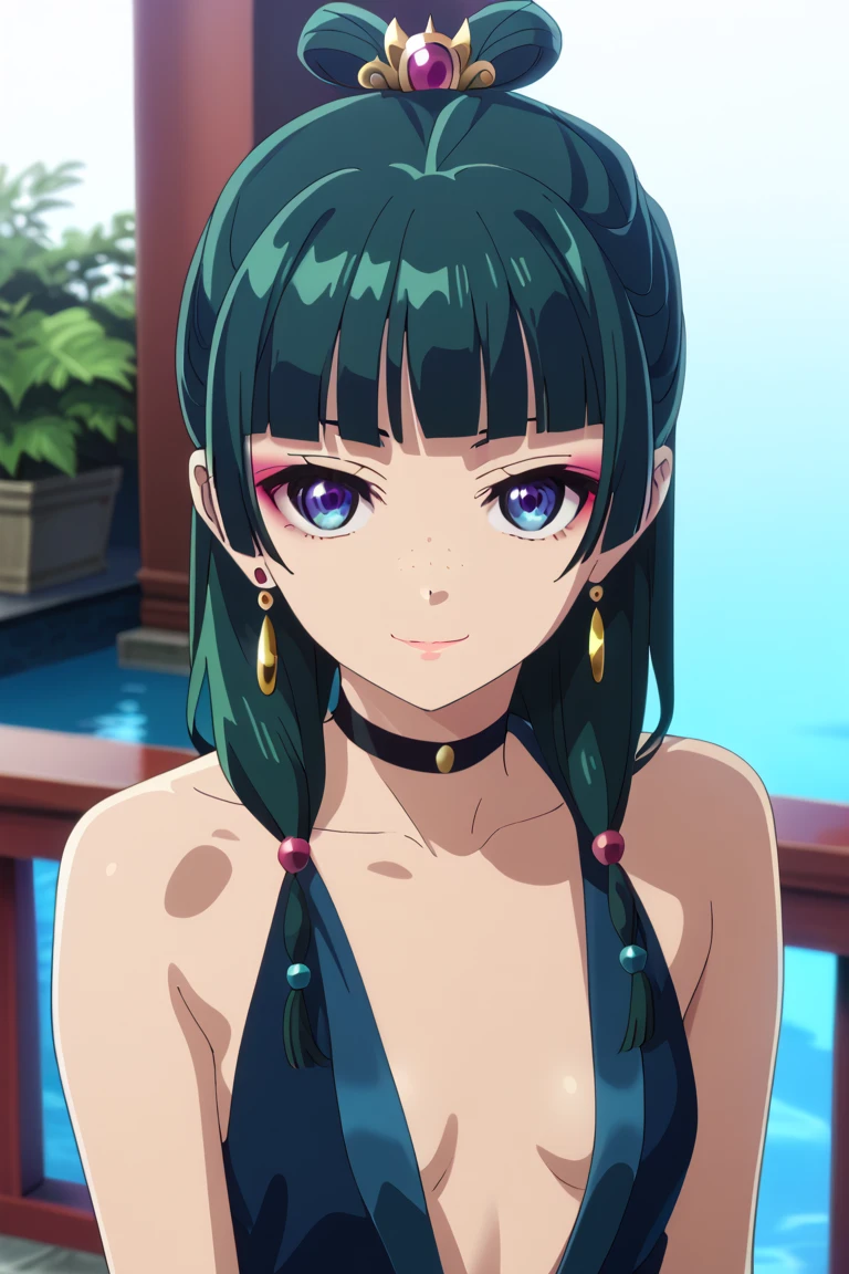 1girl, maomao, solo, green hair, long hair, blue eyes, BREAK blunt bangs, earrings, jewelry, freckles, straight hair, hair over shoulder, hair beads,  makeup, pink eyeliner, low twintails,, small breasts, pale skinned,    dynamic angle, takeda hiromitsu style,    dark blue evening dress with plunging neckline, golden earrings, golden rings, black choker with shining rhinestones, sideboobs, looking at viewer, soft smile, lovly smile,  petite