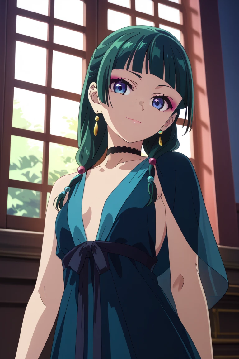 1girl, maomao, solo, green hair, long hair, blue eyes, BREAK blunt bangs, earrings, jewelry, freckles, straight hair, hair over shoulder, hair beads,  makeup, pink eyeliner, low twintails,, small breasts, pale skinned,    dynamic angle, takeda hiromitsu style,    dark blue evening dress with plunging neckline, golden earrings, golden rings, black choker with shining rhinestones, sideboobs, looking at viewer, soft smile, lovly smile,  ite