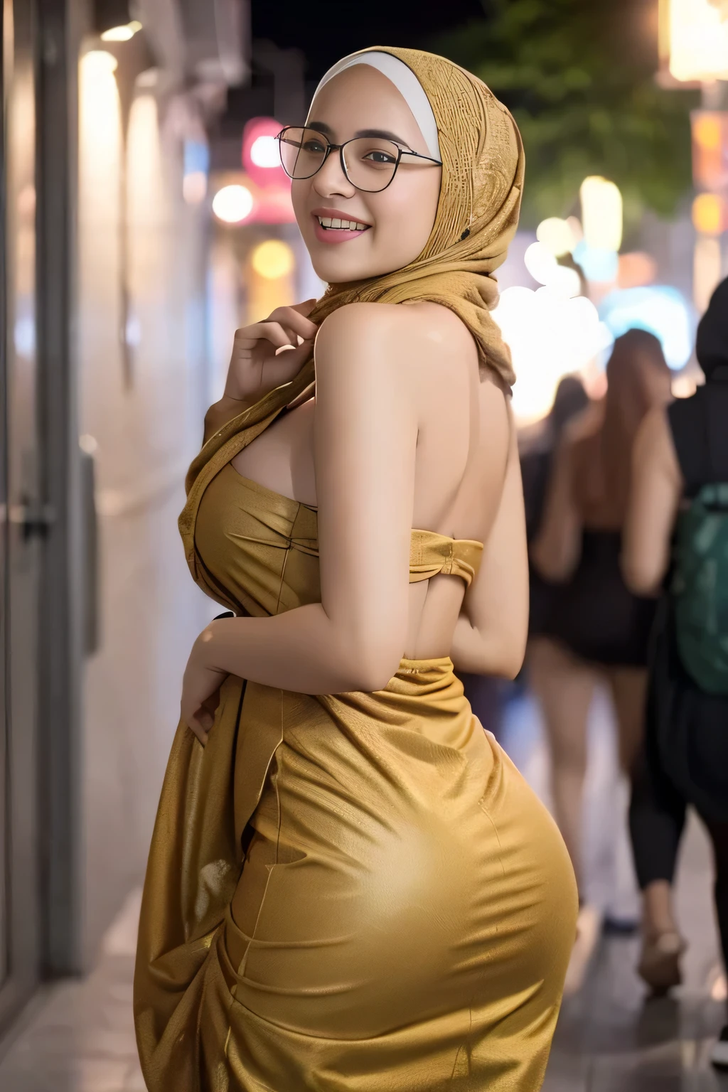 Cute Pakistani girl in hijab wearing patung dress with seducing pose, big smile, glasses, laughing, happy, big front teeth, bustling nighttime city, wearing hijab, bright golden color hijab, beauty skin, huge breast, nipple erected detailed, dark hairy pussy, thick thighs bright lighting, big round ass, cute face, slim abs, 35mm lens, Extreme close-up, pastel color grading, depth of field cinematography effect, romantic film genre, 8k resolution, high quality, ultra detail,