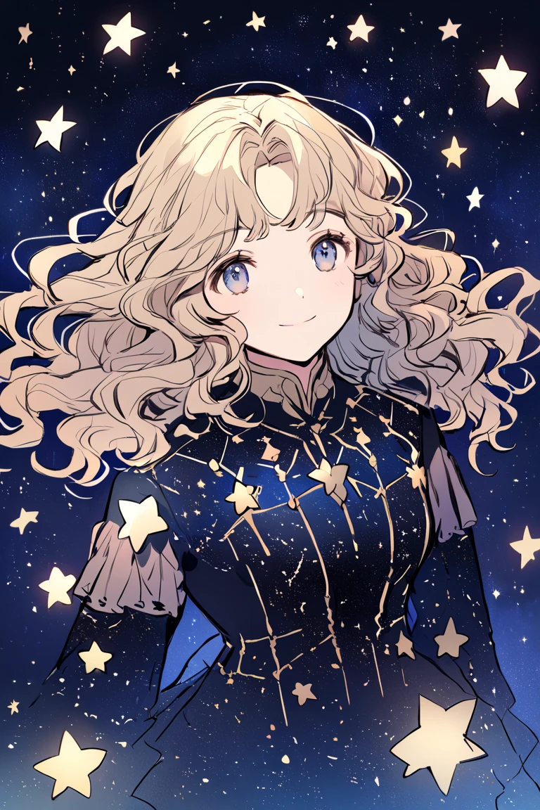 beautiful starry sky, sky full of stars, a smiling young woman with long, wavy hair