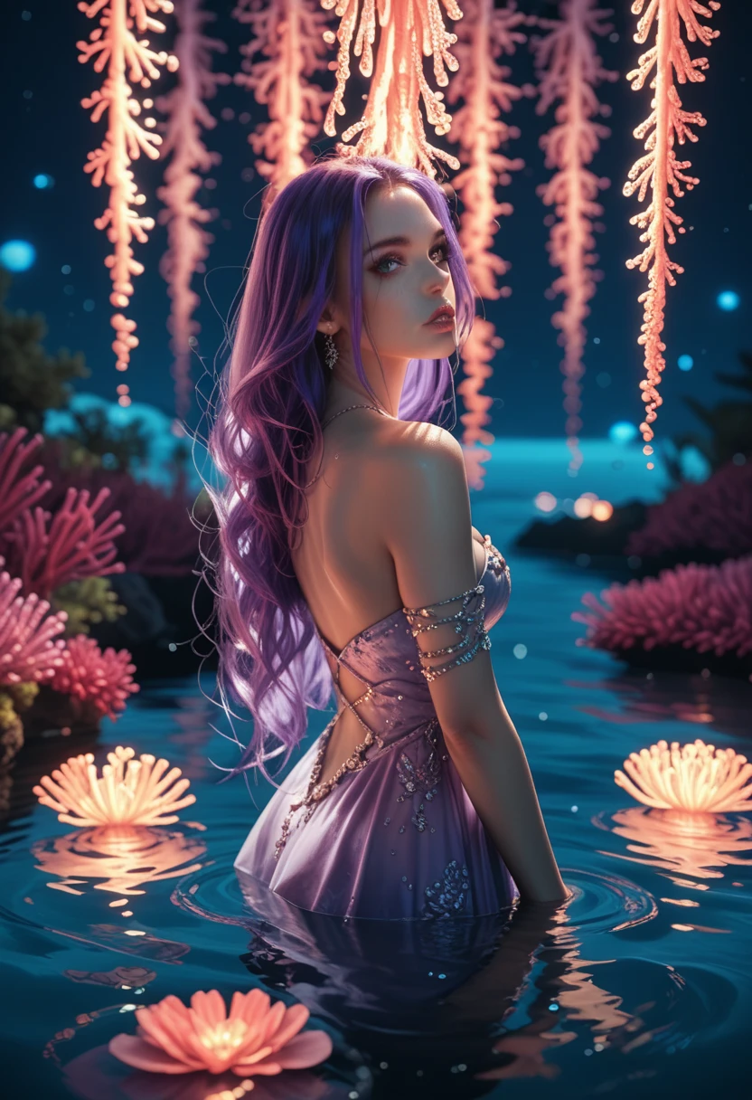 Goddess of the Sea, submerged in water , thick and long hair, purple hair,  wide fantasy dress, dramatic lights, background coral ,  translucent lights  