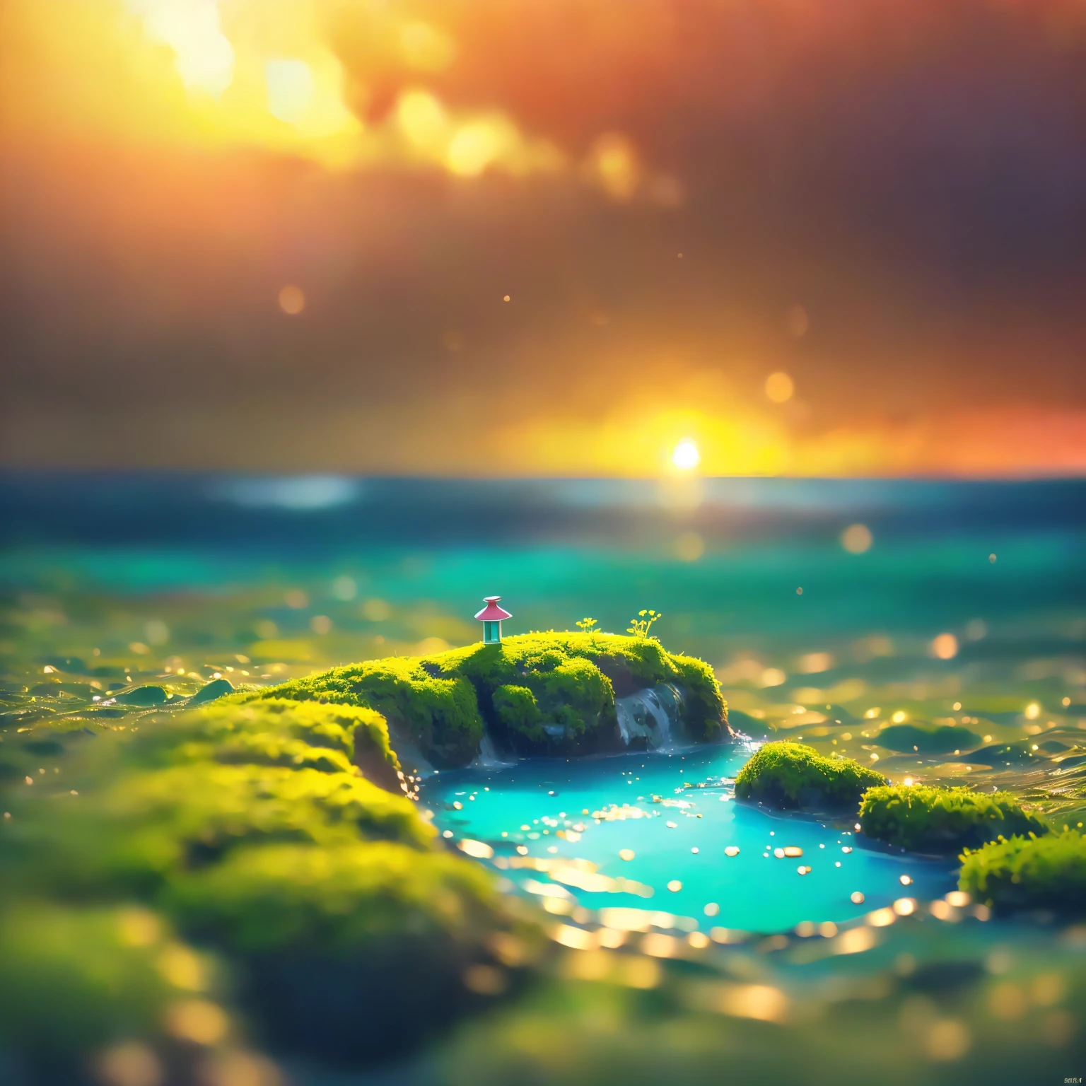 8K quality,(super masterpiece:1.3), top quality, detailed images,unmanned,(sea,(one small island,moss,水moss,Grass),background(夕焼けのsea,Sunset sky,cloud, starry sky , gradation for 1 person)).