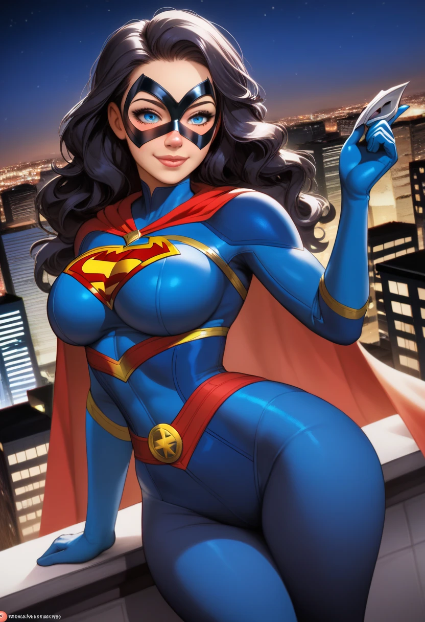 High quality, high resolution, 1 women, beautiful, gorgeous, tall, 27 years old, long wavy black hair, gorgeous hairstyle, flirty makeup, gorgeous ice blue eyes, beautiful face, cute nose, freckles, (purple sexy hero costume:1.0 ), (superhero mask: 1.5) , big breasts, cleavage, slim, slim waist, wide hips, fat butt, thick thighs, long beautiful legs, rooftop, superhero, big buildings, night, trying to seduce the viewer, hot, romantic, blushing, (dominant: 1.0), (naughty:1.5), seductive, (seductive smirk: 0.6), SDXMsuperhero