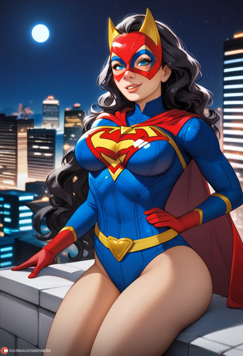 High quality, high resolution, 1 women, beautiful, gorgeous, tall, 27 years old, long wavy black hair, gorgeous hairstyle, flirty makeup, gorgeous ice blue eyes, beautiful face, cute nose, freckles, (purple sexy hero costume:1.0 ), (superhero mask: 1.5) , big breasts, cleavage, slim, slim waist, wide hips, fat butt, thick thighs, long beautiful legs, rooftop, superhero, big buildings, night, trying to seduce the viewer, hot, romantic, blushing, (dominant: 1.0), (naughty:1.5), seductive, (seductive smirk: 0.6), SDXMsuperhero