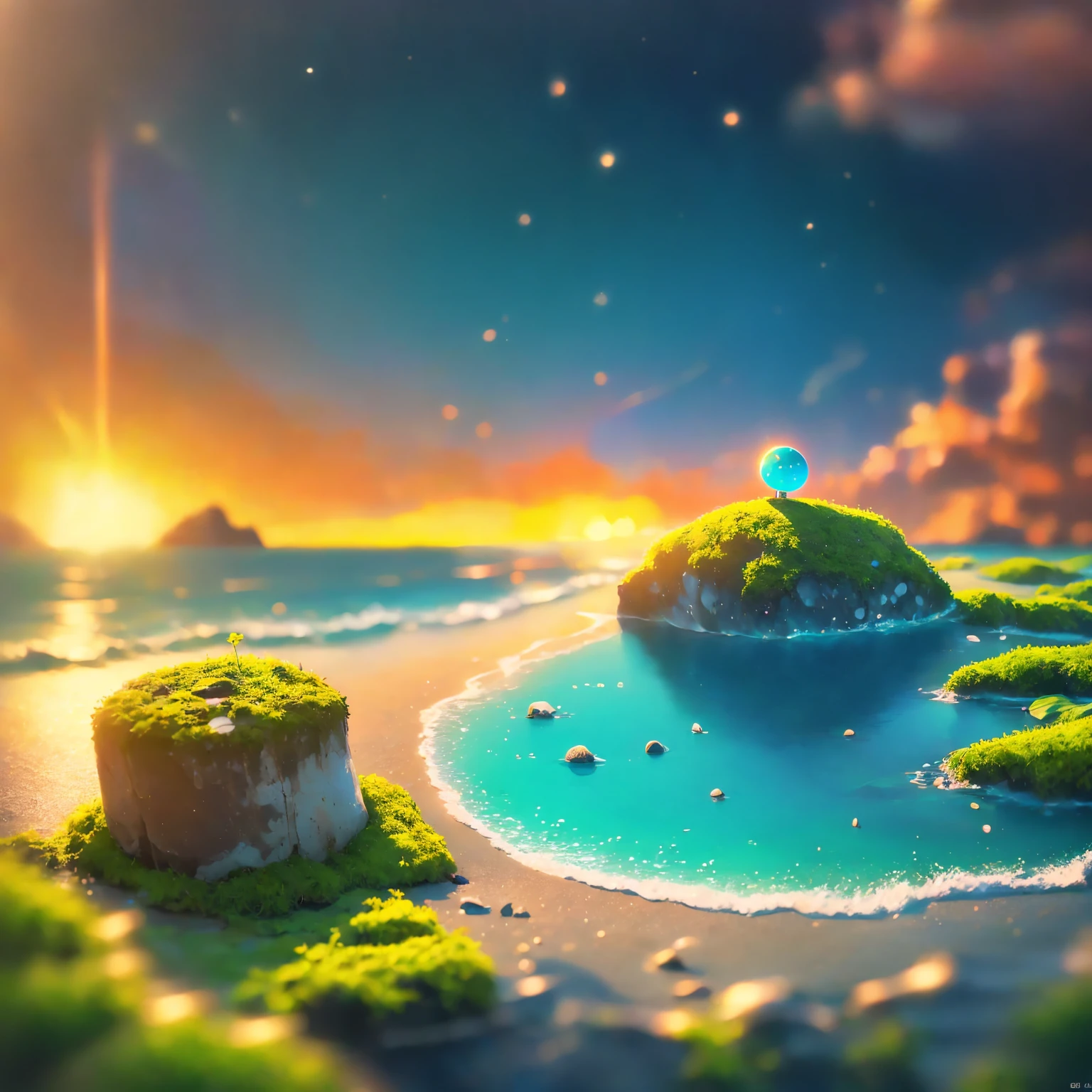 8K quality,(super masterpiece:1.3), top quality, detailed images,unmanned,(An isolated island surrounded by the ocean,moss,水moss,Grass),background(Sunset sea,Sunset sky,cloud, starry sky , gradation for 1 person)).