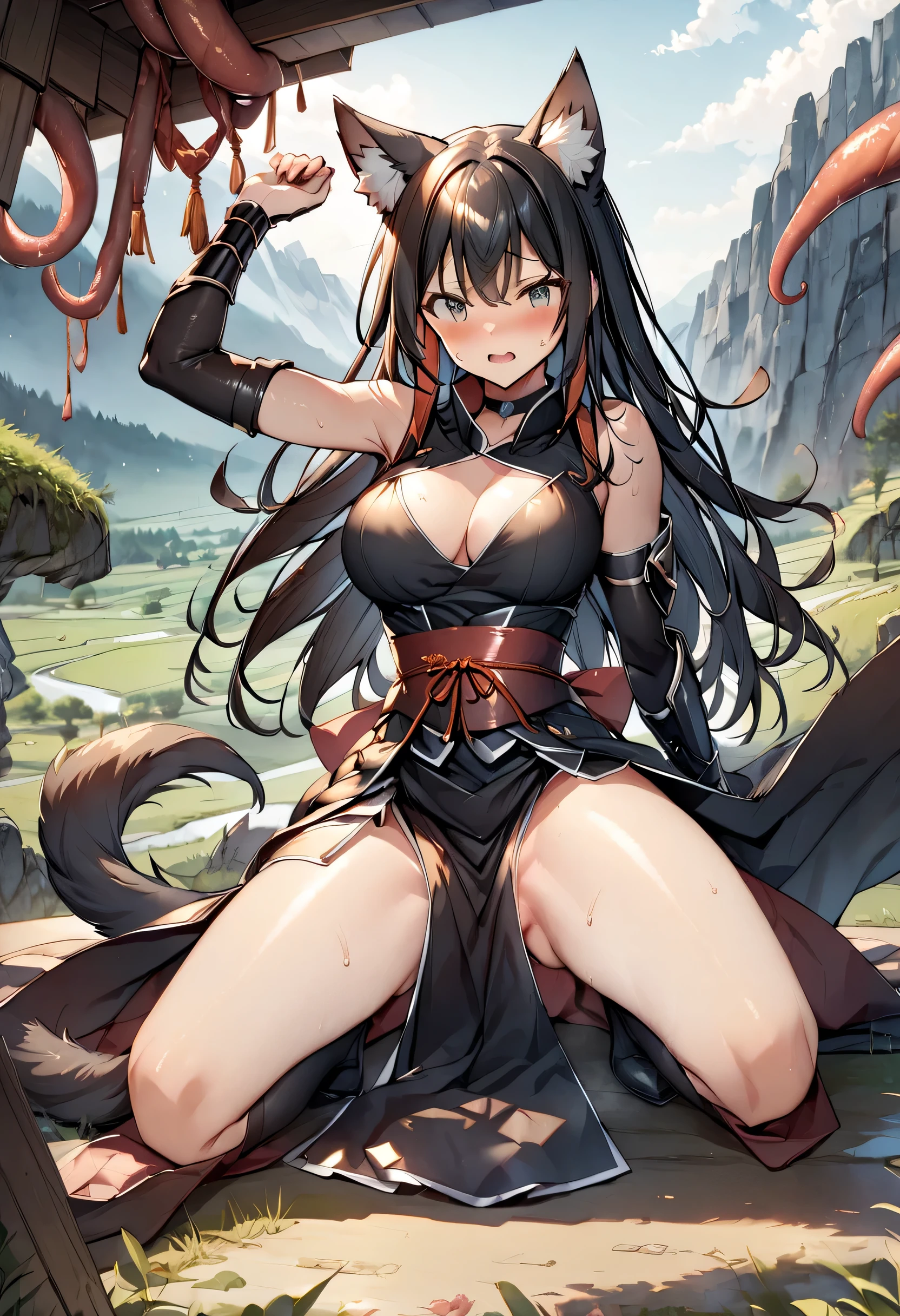 angry female rover with curvy body, with long hair, wearing plaid skirt and black boots, viewed from below, underwear, trample in the muddy