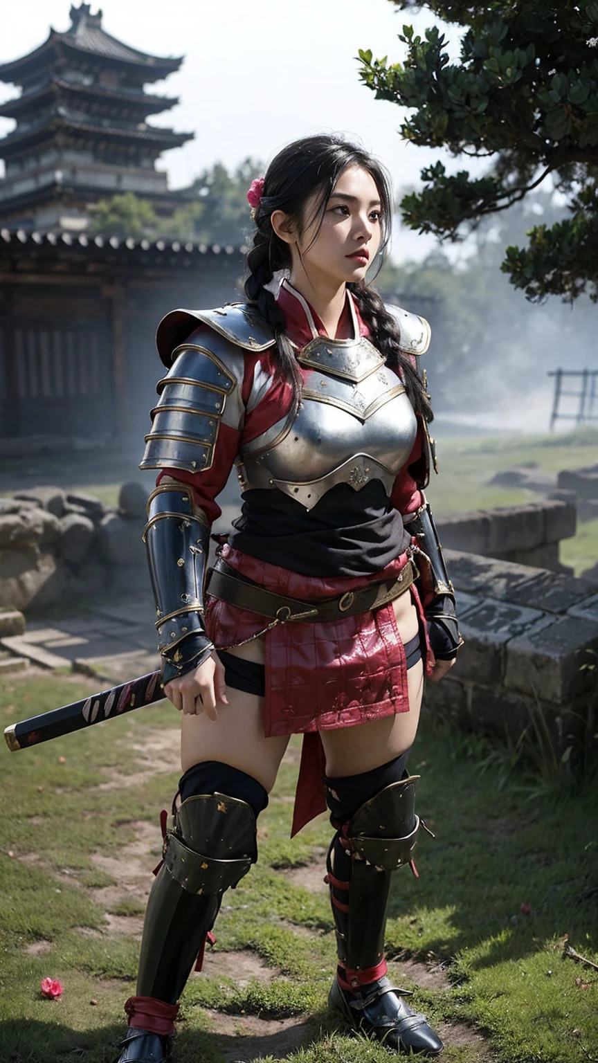 A sexy female character wearing pink armor as a warrior from the Sengoku period、((french braid hair))、((onyx black hair))、((toned body))、(glistening skin)、 toned body、((mega breasts 1.8))、 plump breasts 、 plump thighs 、 The pink armor with the camellia pattern engraved on it is a bikini type and is designed to emphasize chest exposure、( Wear a cloak with a camellia flower pattern )、bustle skirt、 purple shin guard with a camellia flower engraved on it 、White high-leg underwear 、White tights、 absolute domain、,Dramatic lighting,cracked armor,  complex details,A defeated battle,Fading glory,Ghostly shadow,misty background,A face beneath a mask,A stately helmet,figure,Rising smoke,Curse of fate,Gloomy ruins,A stately composition,Military honor,Soledad,Fire fighting,Ominous Presence,Ash and smoke,Blood-stained earth,Worn armor,Determination,Glyph of Courage,The end of the Samurai era,Devastated Battlefield, Standing in the middle of a battlefield [A dull color palette],[Light tones],[An intrusive atmosphere:0.9]