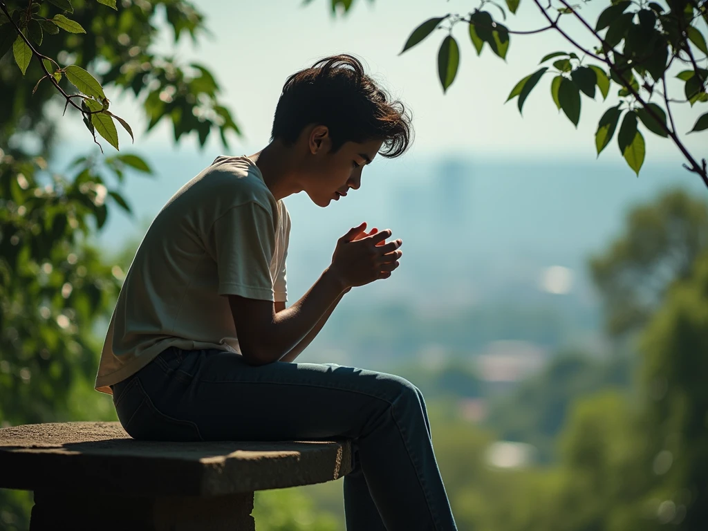 A young man is sitting on the edge of a small fountain in a park, his posture hunched and his hands clasped tightly in his lap. He looks down at the water, his eyes filled with a mix of sadness and hope as he thinks about the young, beautiful girl he loves. In his mind, he pictures her appearing in the park, a smile on her face as she walks toward him. The surrounding park is calm, with soft sunlight filtering through the trees, but the young man’s focus is entirely on the vision of his love, re