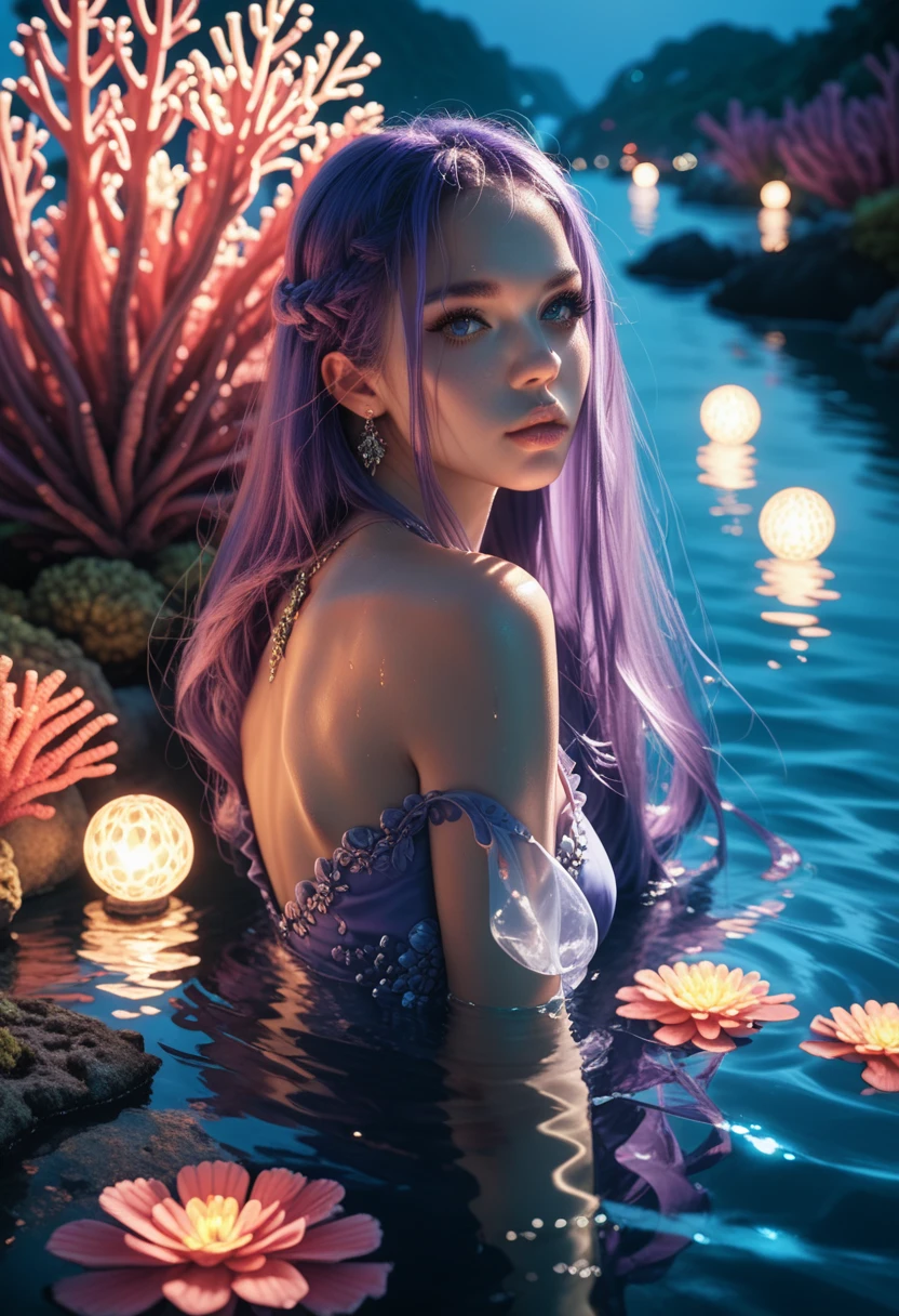 Goddess of the Sea, submerged in water , thick and long hair, purple hair,  wide fantasy dress, dramatic lights, background coral ,  translucent lights 