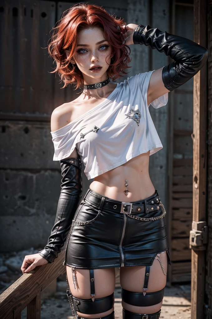 lora_Emma,a beautiful young woman with curly short red hair, freckles, attractive woman with punk outfit,(((off the shoulder white t-shirt))),leather skirt with zippers,(multiple studded belts),(exposed thong straps), ((navel piercing)),((belly chain)), heavy dark makeup,intense eyeliner, dark eyeshadow, black lipstick, studded leather collar,(ripped nylon stockings),(studded leather boots with a high heel),((long leather arm sleeves with studs and zipper)),detailed face,detailed eyes and lips,realistic,photorealistic,high quality,8k,masterpiece,vivid colors,dramatic lighting,cinematic