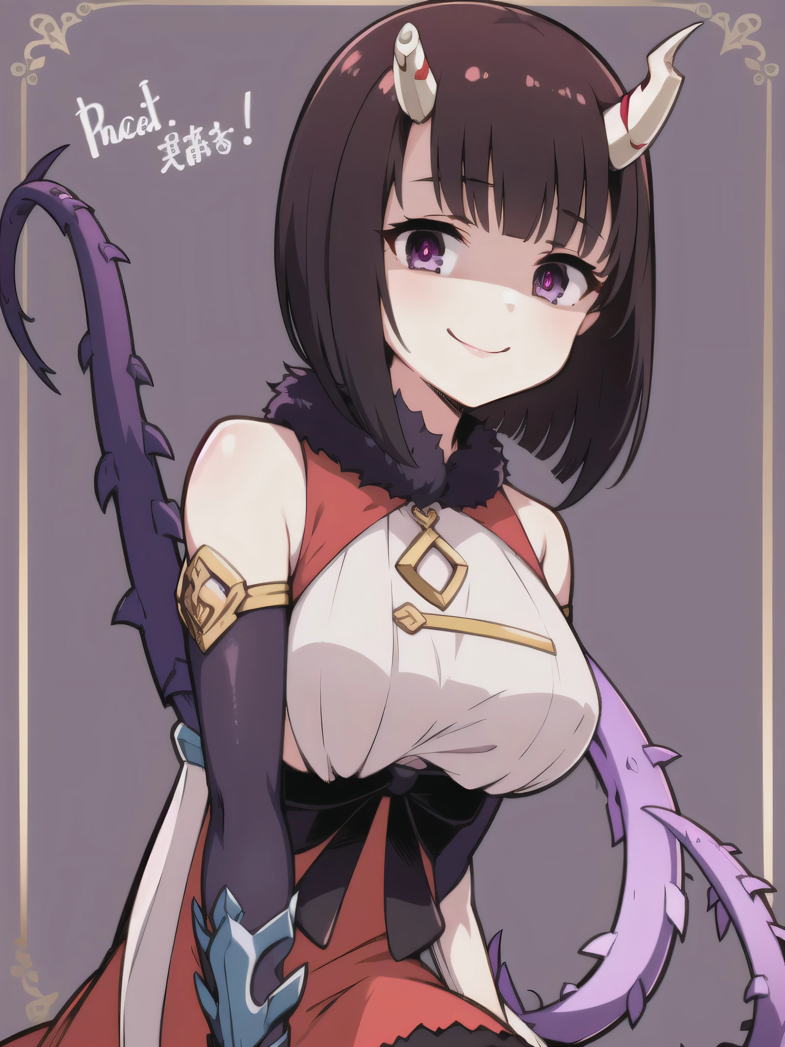 masterpiece,  best quality,  one girl , Heather,  purple eyes,  brown hair on the abdomen,  Short bangs ,  bob cut from the front, Horn, ,,  bare shoulders,  armrest gloves,  gauntlet ,  red skirt,  Fur Trim,  watch viewers ,,2本のHorn,Tail,wicked smile,evil dark background ,fac