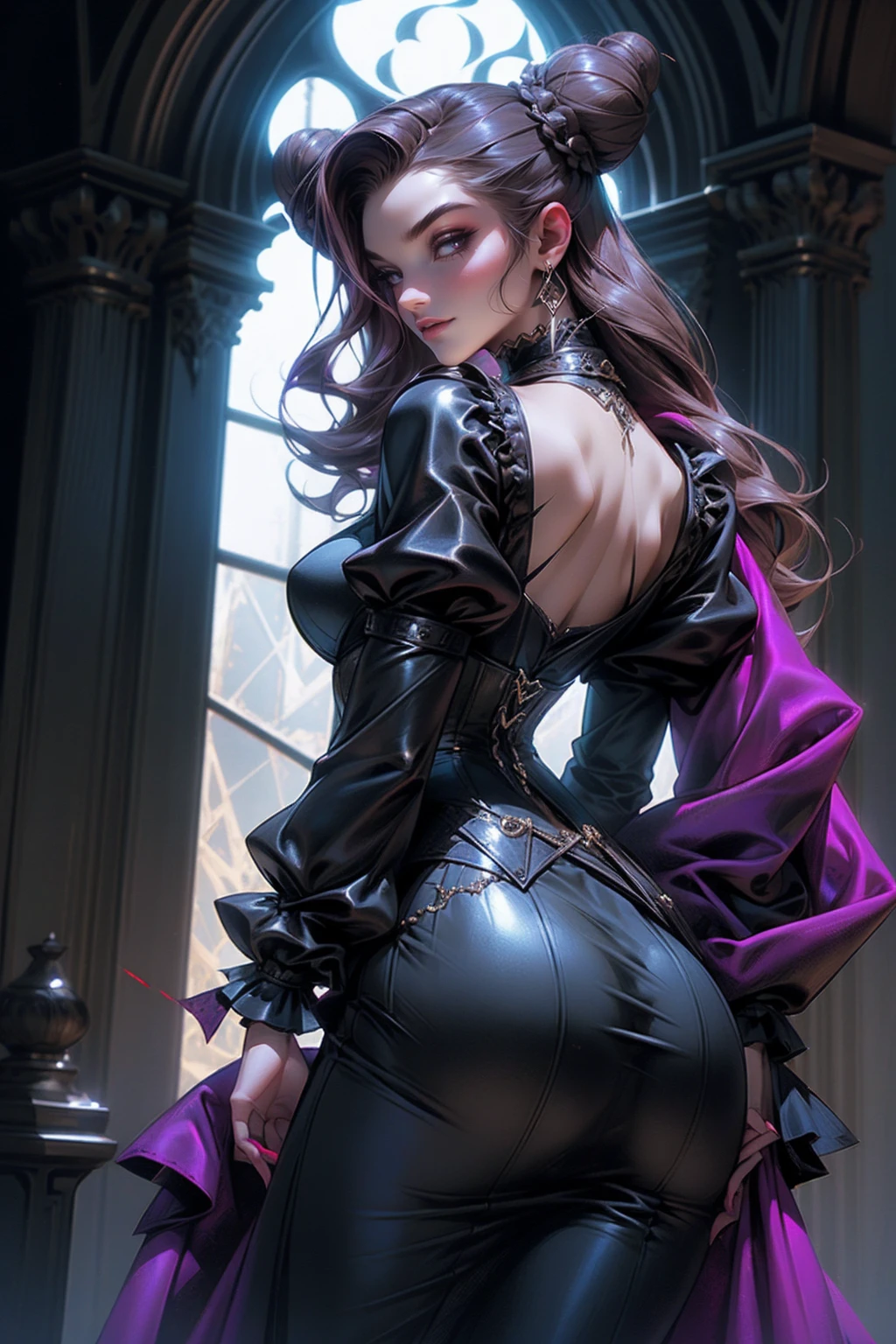 Describe a scene where a female vampire from the Tremere clan, with aristocratic features and mesmerizing eyes, is to seduce someone in a dark and mysterious environment. She is dressed in elegant clothes and displays an aura of power and mystery.... Your gaze is penetrating and seductive, as she uses her manipulation skills to lure the victim closer, involving her in a dangerous game of desire and fascination. The atmosphere around you is charged with tension and excitement., with shadows dancing around, further enhancing the atmosphere of seduction and mystery, wearing red lingerie, nsfw, high heel boots 