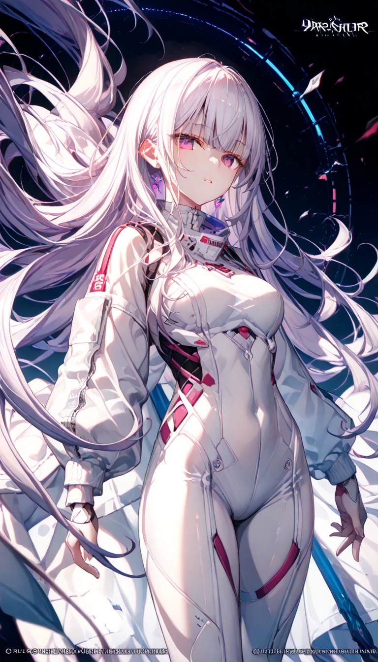 (masterpiece,    high quality   ,  best size     ,    official art ,    Beautiful and aesthetic   :1.2), )), ((   1girl)),     in great detail  ,  BREAK,  blunt bangs,  hair, hair, (  to hair between eyes  ), eyelashes,    purple eyes   ,  Colorful , tight space suit , white skin, standing at full height