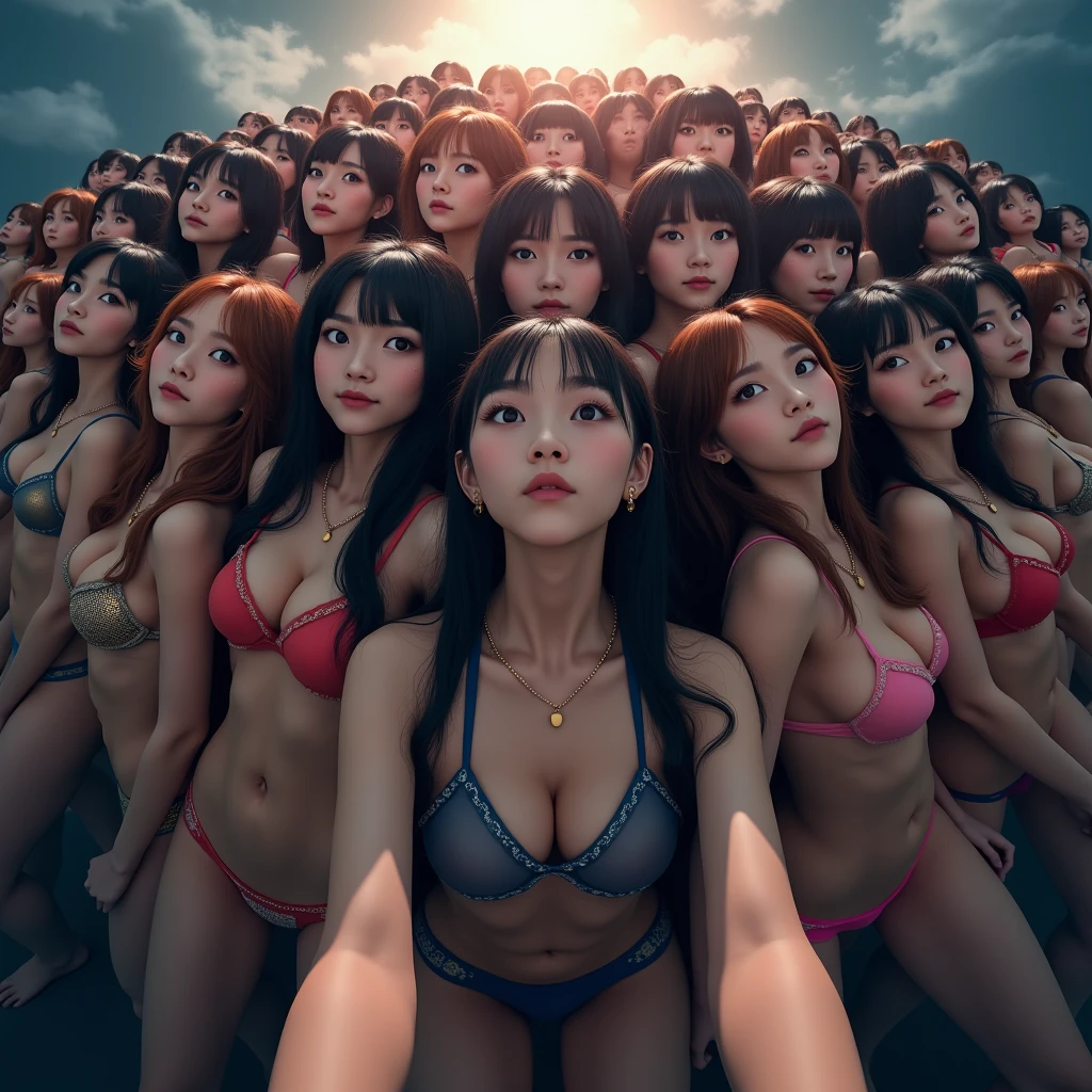 {{Teenage female, caucasian, hundreds of girls, thousands of girls, millions of girls, multiple girls, many girls, only girls, crowd shot}}, looking at viewer, hazel eyes, extremely detailed, brown hair, blonde hair, red hair, black hair, pink bikinis, matching bikinis, identical bikinis, crowd of girls, girls partying, happy, best quality, high quality, extremely detailed anime screencap