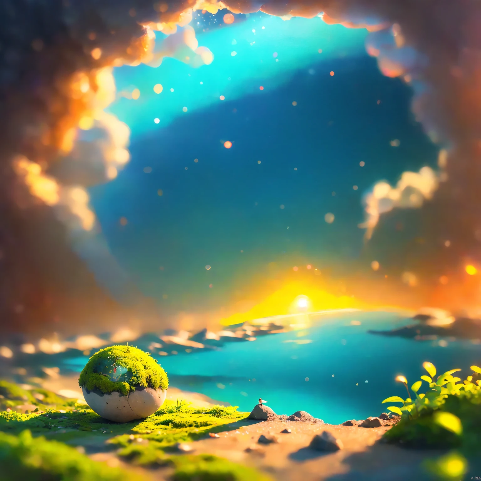 8K quality,(super masterpiece:1.3), top quality, detailed images,unmanned,(An isolated island surrounded by the ocean,one small earth,moss,水moss,Grass),background(Sunset sea,Sunset sky,cloud, starry sky , gradation for 1 person)).