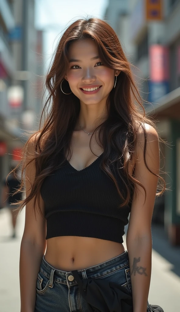 Realistic full body photo of a smiling, beautiful black woman with long hair, black skin, She dances in front of the camera in a long pink satin shirt and tight, elegant white tight jeans ...., fine fabrics, Park,glamour fotoshooting, Park, perfect anatomy, perfect brown eyes. Perfect hands with 5 fingers on each hand, Suitable woman, looking at the camera, 1 Frau. (Eye make up:1.1), (highly detailed skin:1.1), spirit, analog style, keen focus, 8K UHD, dslr, good quality, Fujifilm XT3, Grain, Award-winning, masterpiece. Park