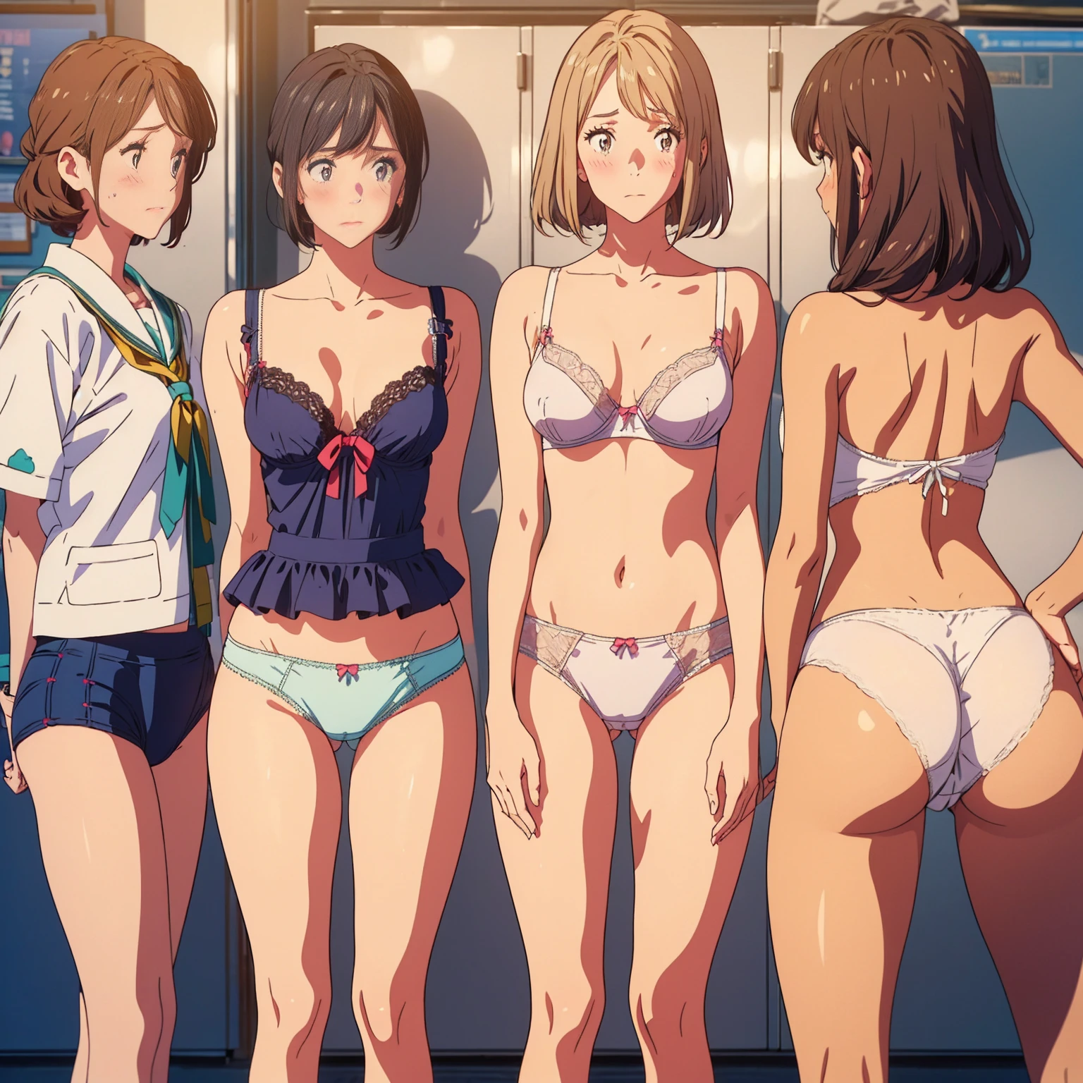 masterpiece, top quality, ((((Incredibly ridiculous)))), ((Absurd)), Extremely delicate and beautiful, Anime style, (Three female teachers in underwear), perfect-composition, cowboy shot, bra, white panties, extremely detailed texture, (((threads of the seams for panties crotch is clearly visible))), bob cut, Slender figure, well-shaped nose, bloom, In a locker room, open legs, embarrassed, blush