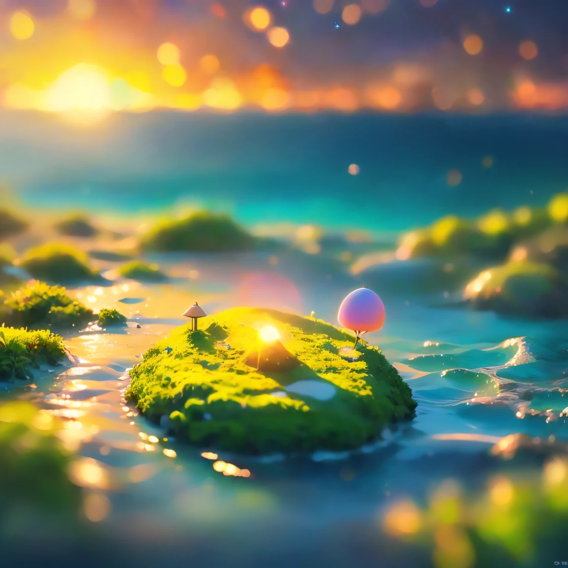 8K quality,(super masterpiece:1.3), top quality, detailed images,unmanned,(A small island surrounded by the ocean,one small earth,moss,水moss,Grass),background(Sunset sea,Sunset sky,cloud, starry sky , gradation for 1 person)).