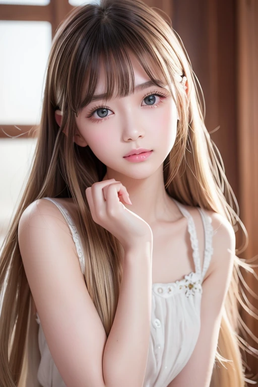 Sexy Beauty、Very perfect beautiful face、Beautiful super long silky hair with golden glossy glossy blonde、long swaying bangs、Sexy and cute 13 years old, The most beautiful girl in the world, bright big big cute pale blue eyes、Beautiful little lovely girl、 petite, little, flat_chest, skinny,