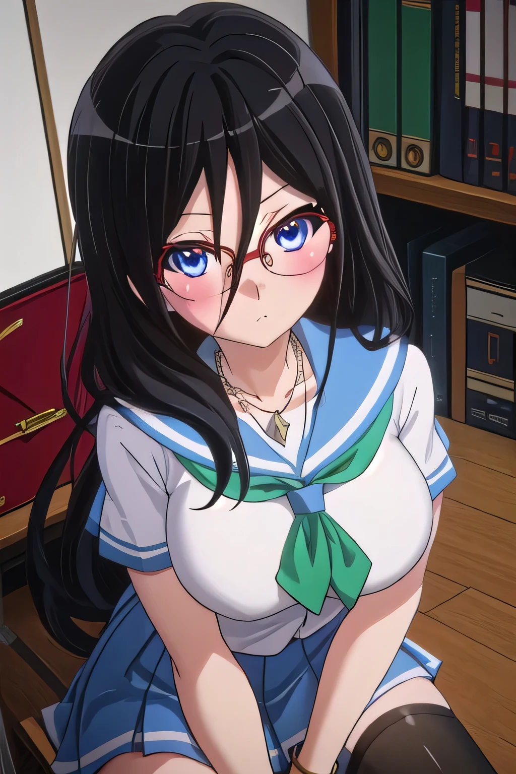 best quality, masterpiece, high resolution, solo, {tanaka_asuka_soundeuphonium:1.15}, black_hair, long_hair, glasses, blue_eyes, blush, red-framed_eyewear, serafuku, over-rim_eyewear, semi-rimless_eyewear, closed_mouth, hair_between_eyes, 1girl,, anime_coloring , jewelry ,,, necklace, long black stockings on legs, big breasts