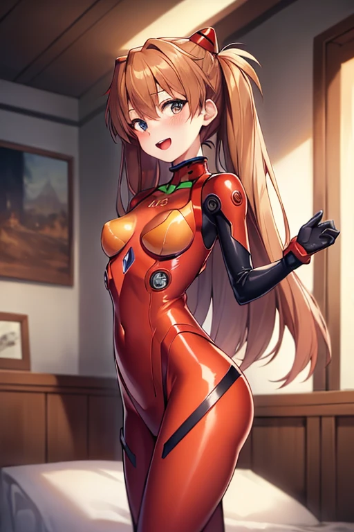 (( top quality)), ((masterpiece)), (be familiar with),  perfect face, indoor, bedroom,  viewer,
One woman,  Soryu Asuka Langley ,
 open mouth,  ecstatic expression with hands in front of body, blush, smile,
 small tits,  flat chested, Young girl, Lori,  s,  girl,
 long hair,  twin tails,
Leg spread,