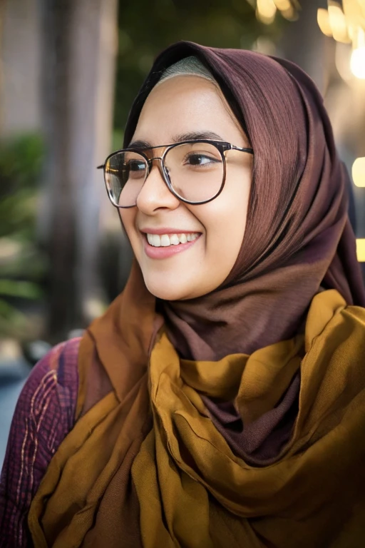 model woman wearing hijab, lipstick, and glasses smiling to camera; 4k; high quality