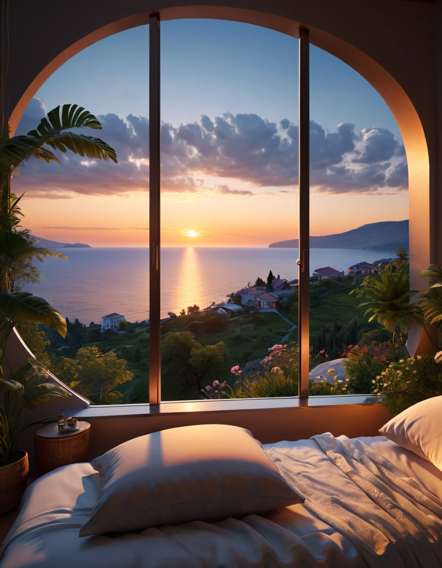  Bedroom view with bed and large window ,  paradise in the background  , magnificent view, A beautiful place, beautiful view , Stunning view, golden time,  Gorgeous romantic sunset , warm beautiful scene, sunset time, cozy place, rest time. nice view, Dreams and romance ,  sunset view ,  home environment , daytime settings , Summer furnishings, расслабляющая атмосфера  realistic image , masterpiece,  artwork ,  hyperrealistic, rendering ,  realistic physical rendering ,  photorealistic rendering ,  highly detailed ,  high-quality render ,  architectural rendering ,  very realistic 3D render ,  realistic image 