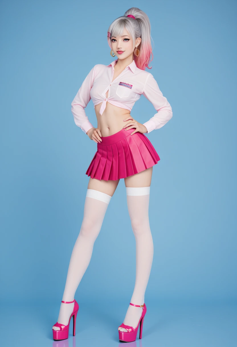 Realistic, Sexy American girl, Very slim body, wearing a crop-top button shirt barely covering  nipples, box pleated pink  micro skirt, white  knee high socks and very high hot-pink stripper platform heels. The top had the text 'Princess' on it in big gold glittery letters. hair was framed in a high ponytail with pink highlights tied together using a silver hair clip.  face looked meticulously like American school girl

ears are permanently pierced. Dangling from ears are two huge  hooped earrings and. Combined with the pink belly-button piercing engraved with 'Yes Daddy' and  looked like a professional streetwalker. Standing on roadside, full body image, heels visible, legs visible, feet visible, full body image, legs visible, full body showing 