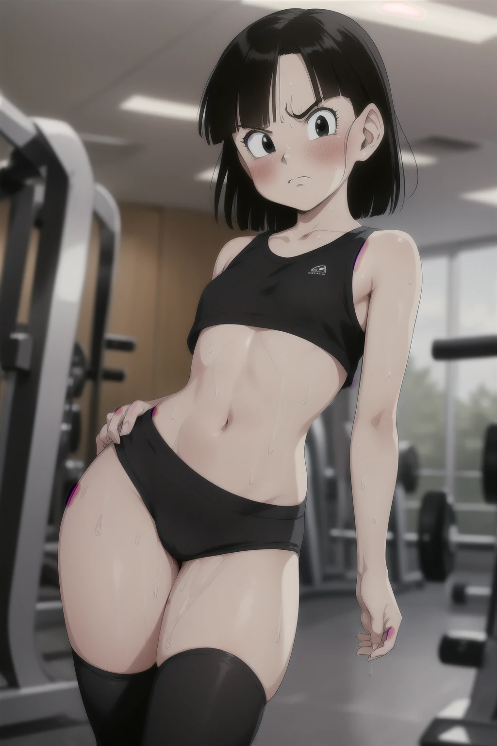 Anime style, 1 girl  , young girl , shi  body ,solo , short black hair ,angry  face , sharingan eyes  ,blush  , sweat , flat chest , red tube top , black leggings tight,  gym , sexy . 