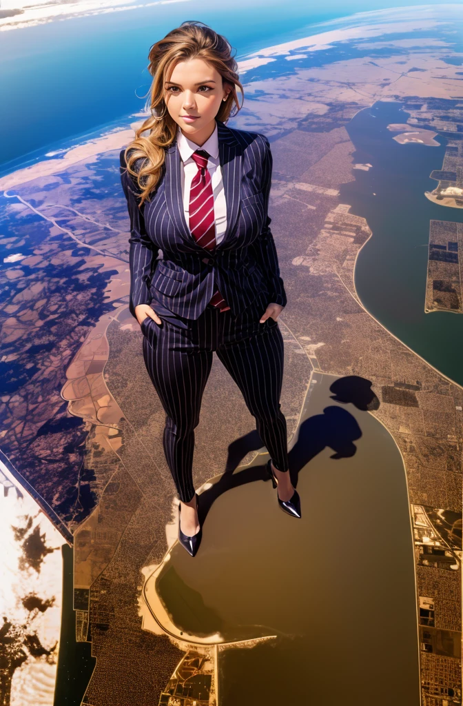 Giga Giantess art 1:4, two highly detailed giga giantess, ginger hair, bbw white woman full body view, 1000 miles giga giantess, giga giantess so massive the world is very small to her, huge breasts, light blue pinstriped skirt suit and blazer, white tailored shirt, tie done up in a thick and very large red Windsor knot tie, ties length reaches just passed the top of trousers, Has long full wavy ponytail, Wearing a pair of  polished round toe court heels Professional attire A look of enjoyment, Beautiful appearance, smile, horny (view from the ground)giga goddess, full body view, standing striaght, stomping on very tiny but massive continent, giantess so big she can see the whole coast line of USA, facing towards camera